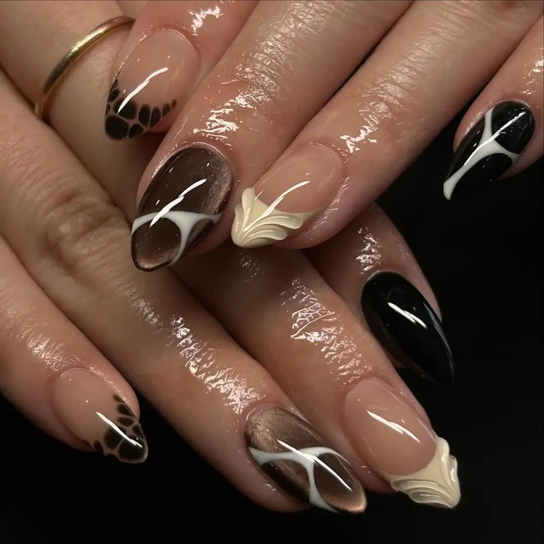 Mocha Brown and Black Abstract Nails