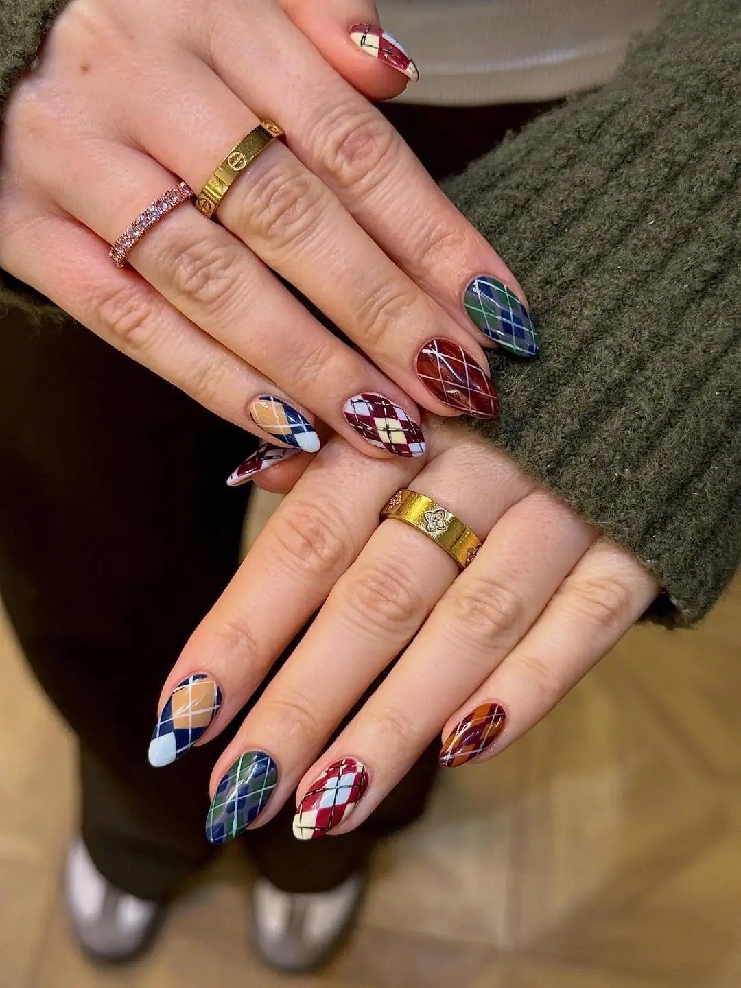 Multicolor Argyle Plaid Almond Nails