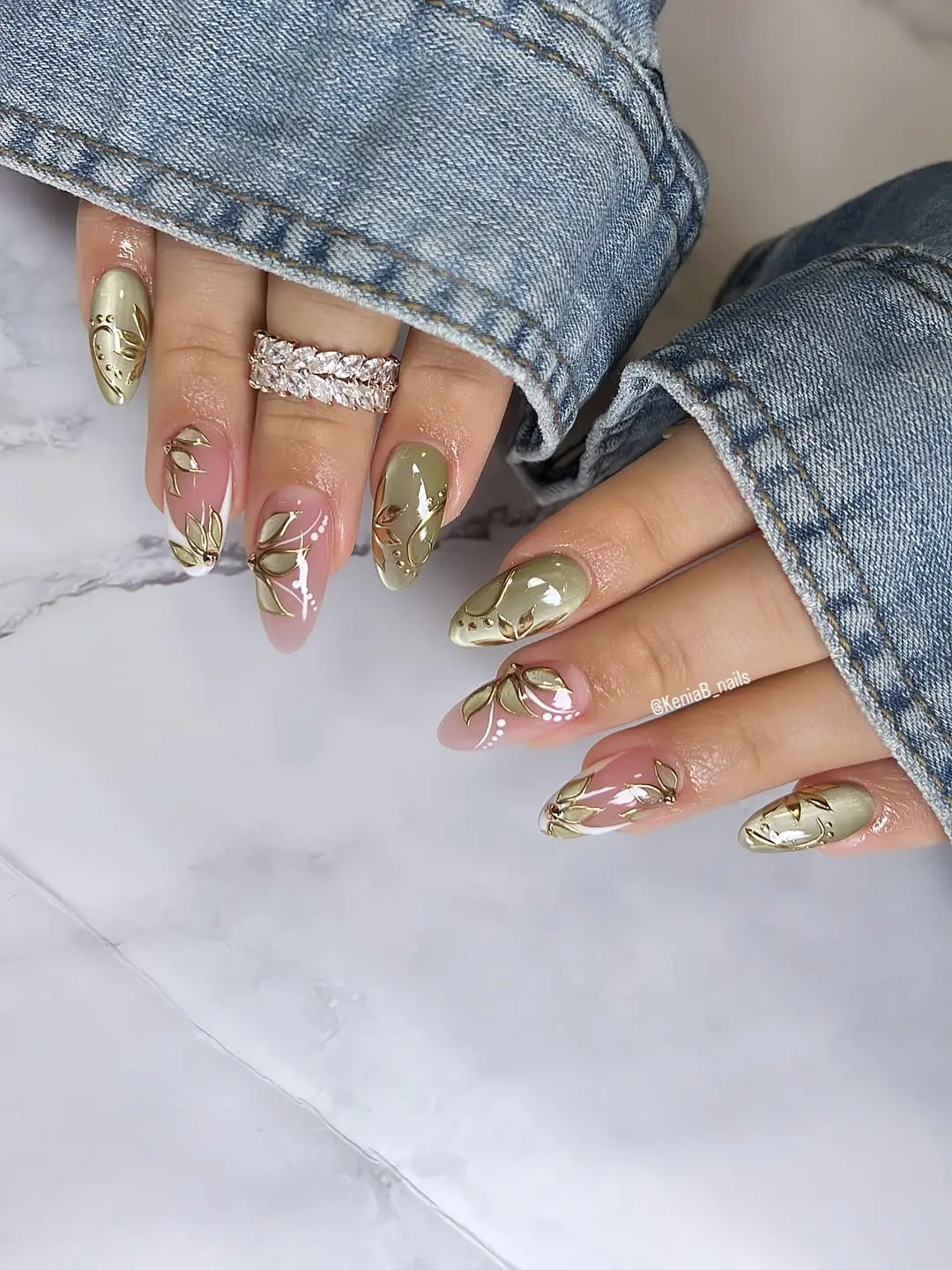 Olive Green Chrome Botanical Nails