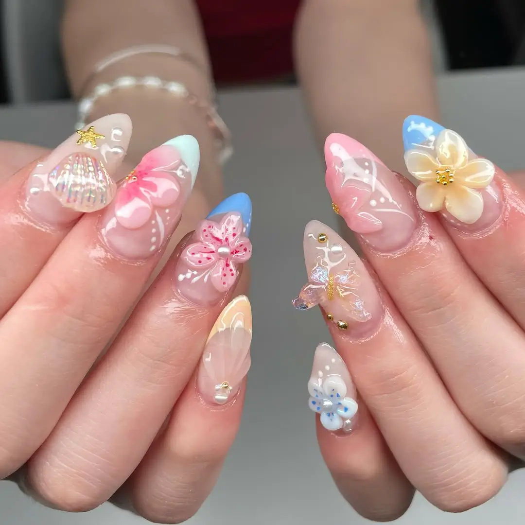 Pastel 3D Floral Beach Nails 