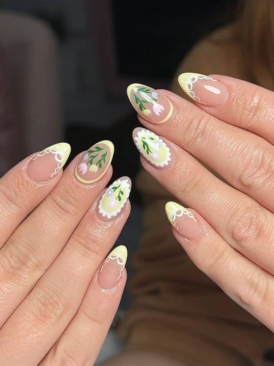 Pastel Yellow Floral Lace Almond Nails