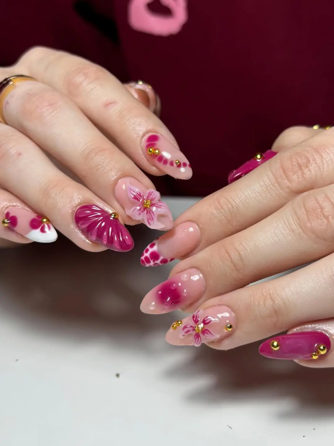 Pink 3D Floral Gel-X Almond Nails