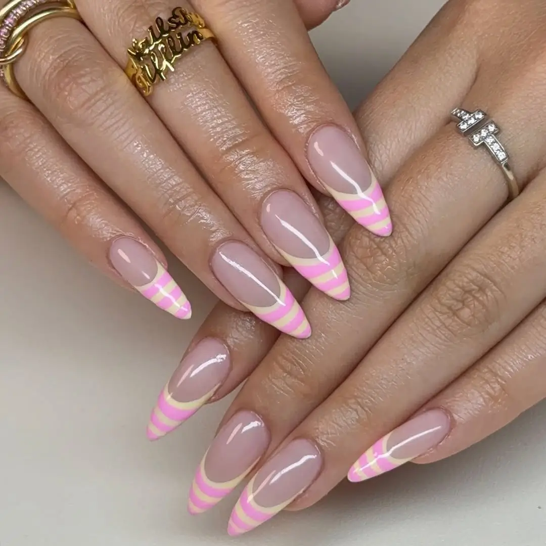 Pink and Yellow Striped French Tips
