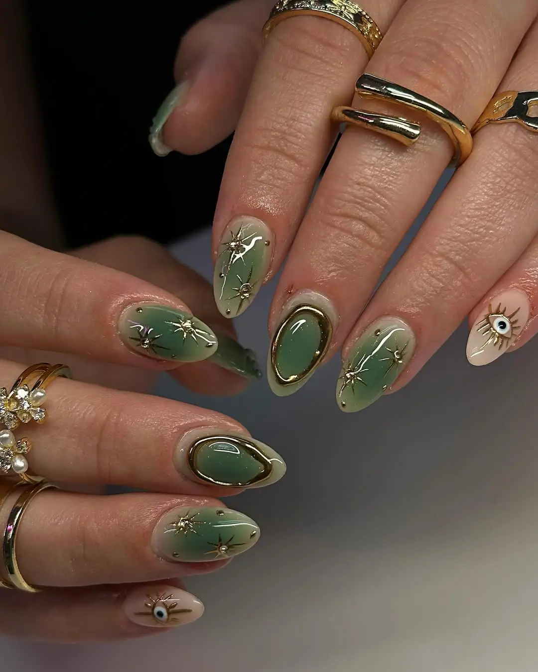 Sage Green Celestial Gold Nails