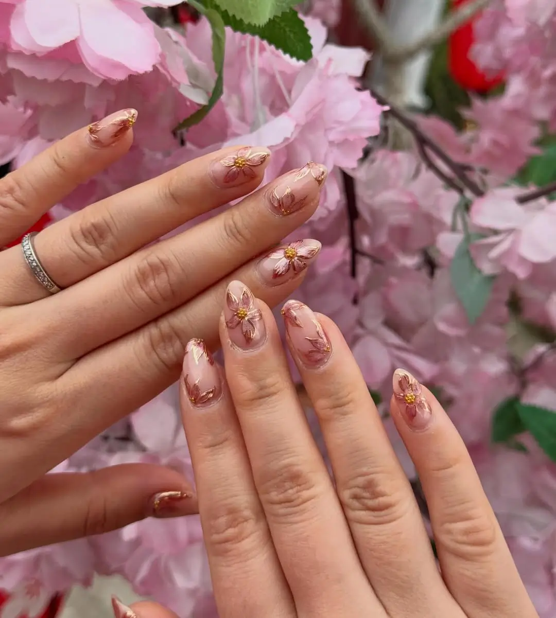 Sheer Pink Cherry Blossom Gold Nails