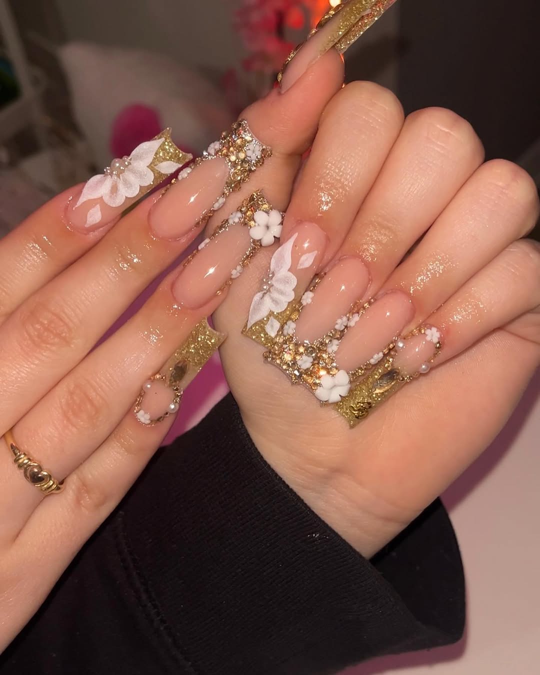 3D Floral and Gold Glitter Nails
