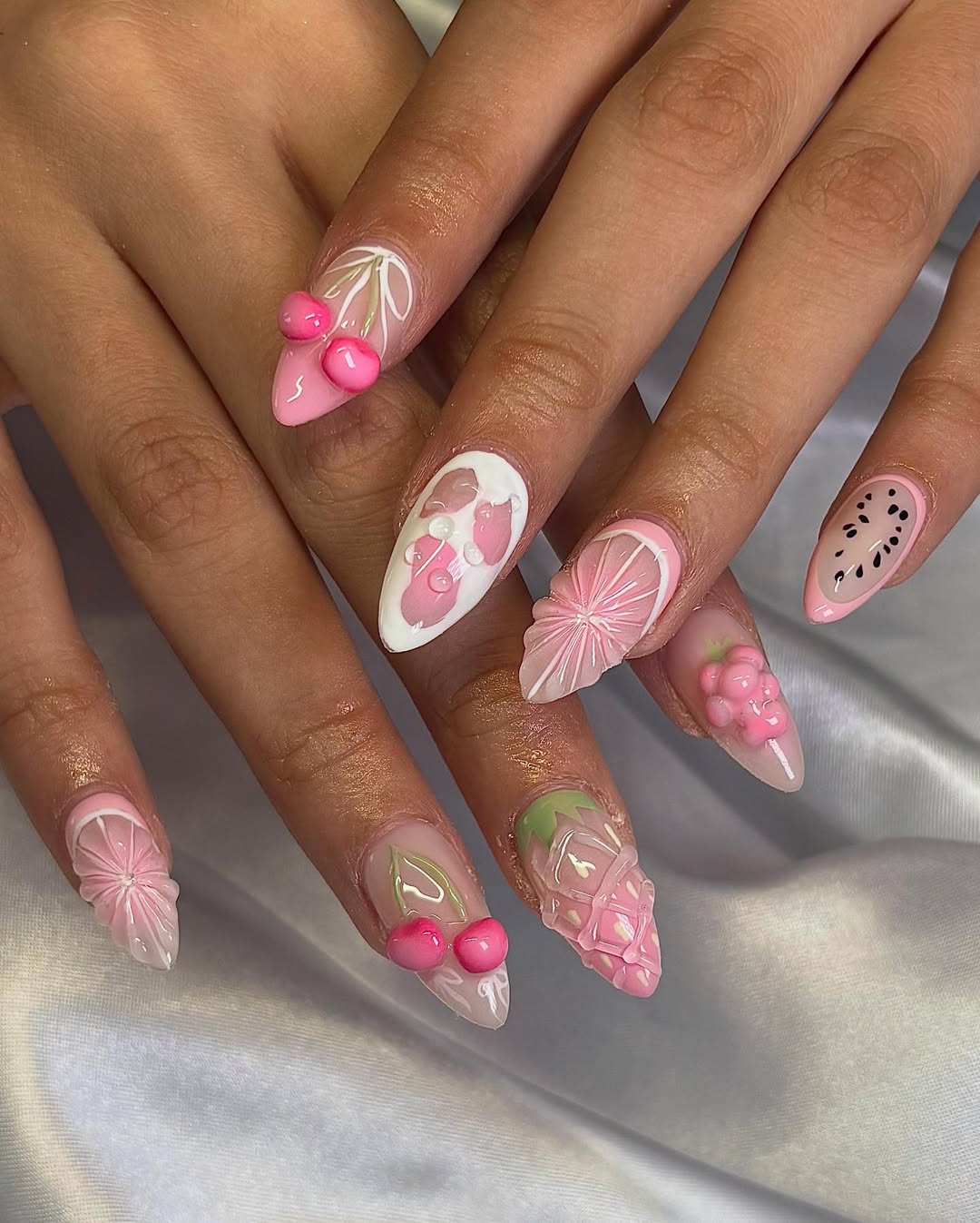 3D Pink Fruit Salad Almond Nails