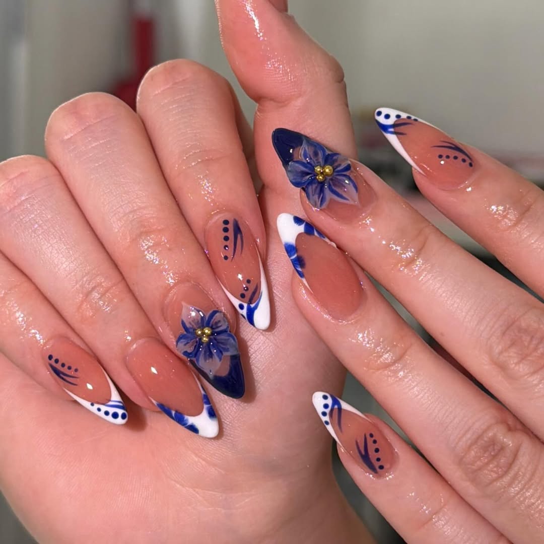 Almond French Tips with Navy Details