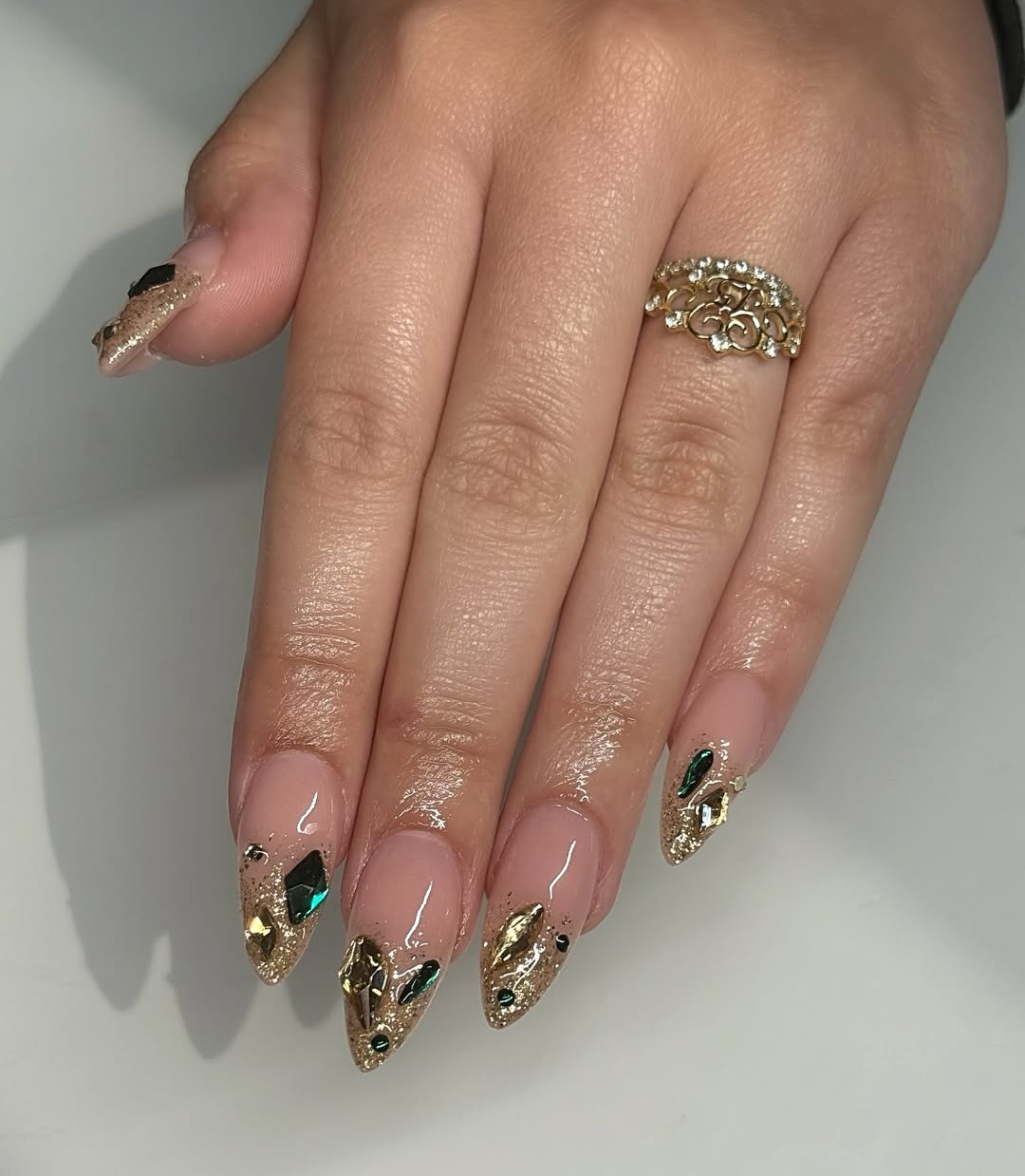 Almond Nails with Glitter and Jewels