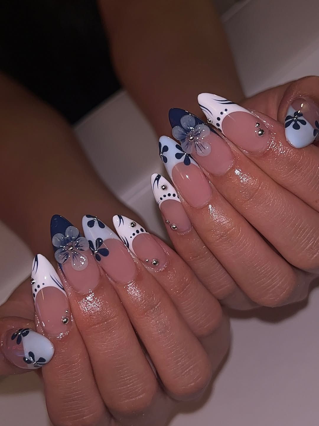 Almond Nails with Navy Florals and Beads