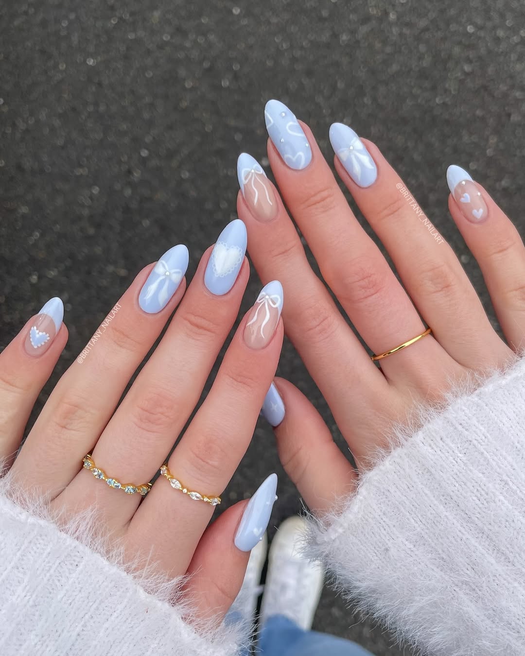 Almond Nails with Painted Bows and Hearts