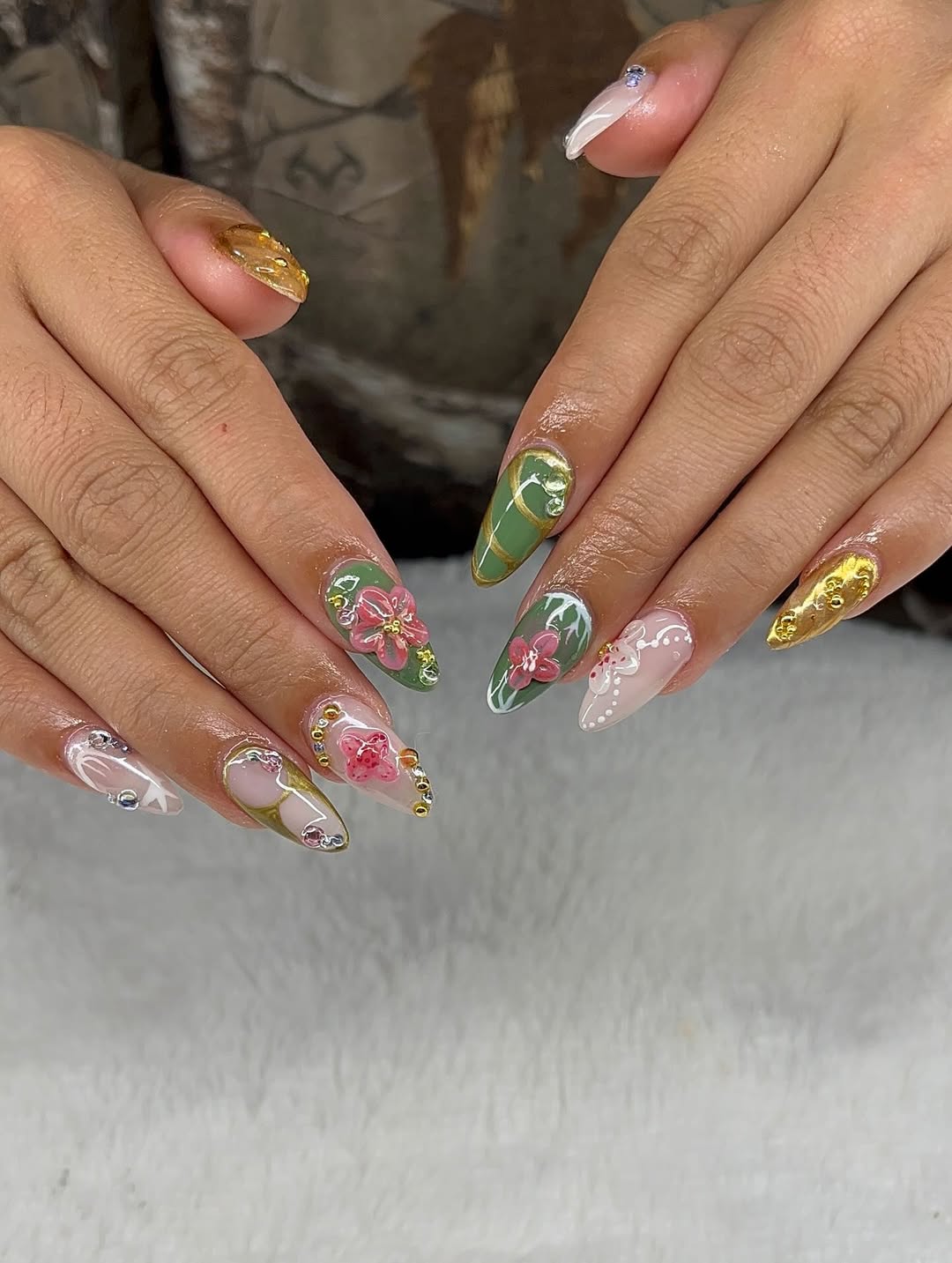 Almond Olive and Pink Florals