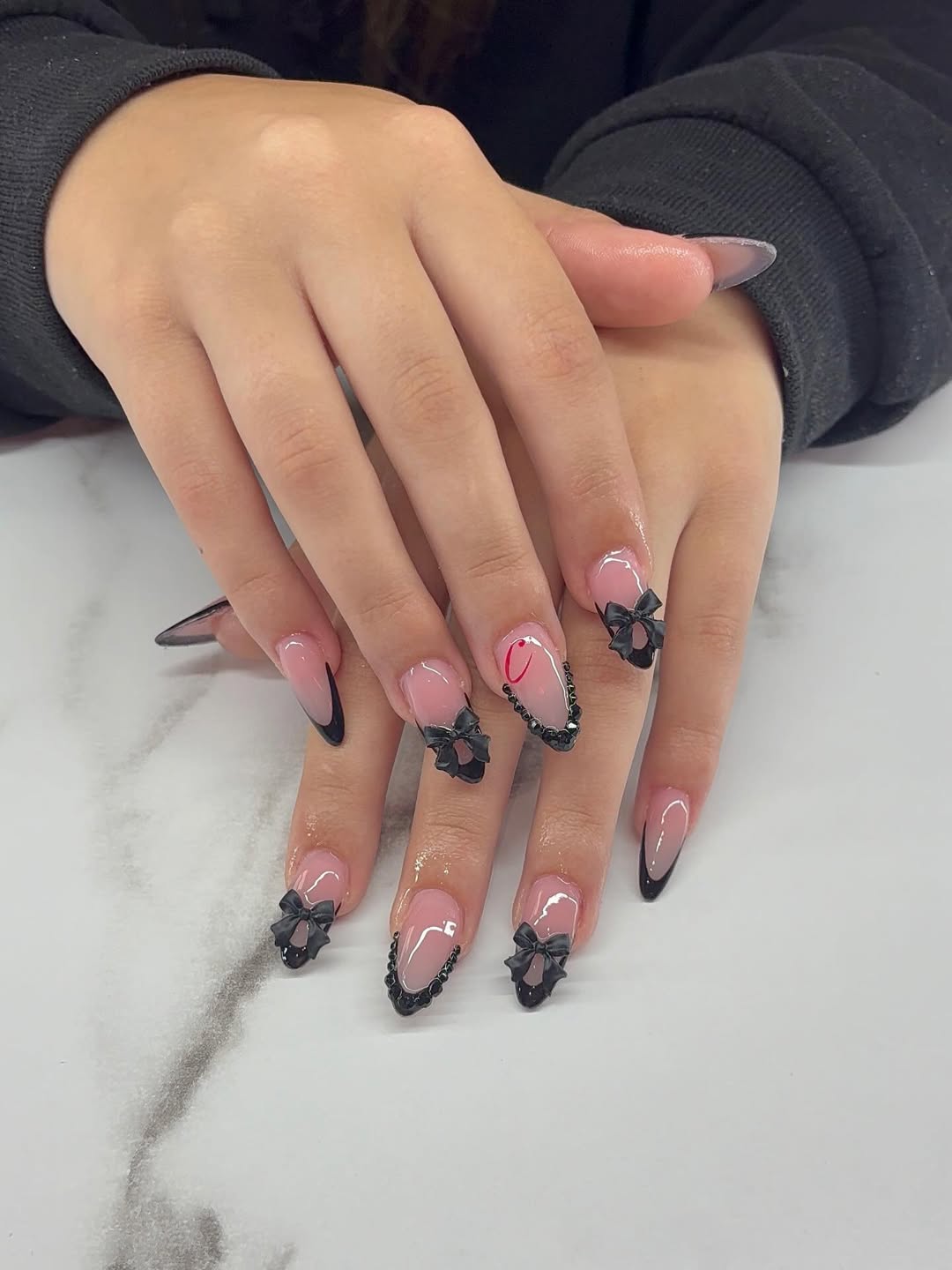 Black Bow and French Tip Nails