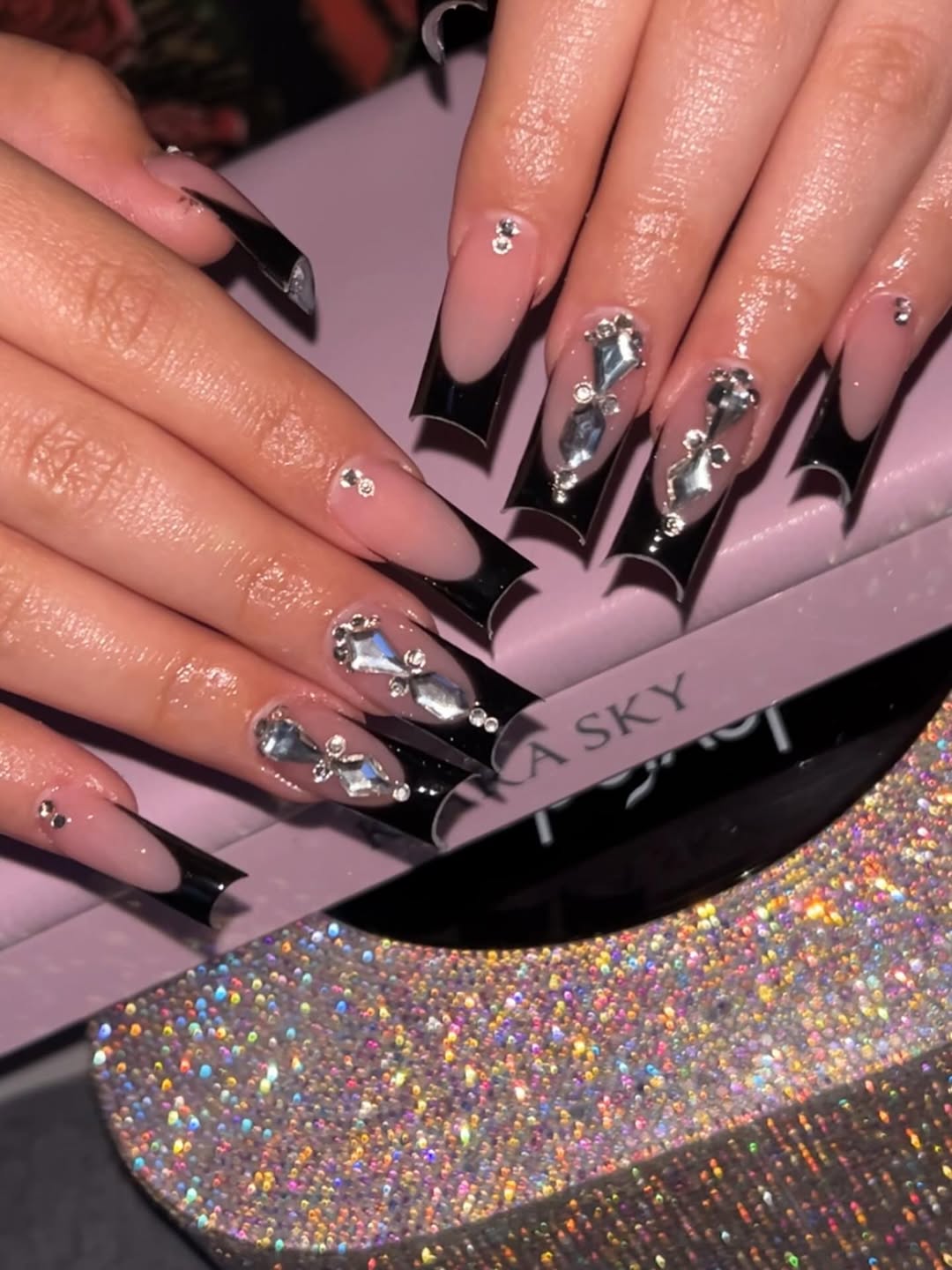 Black Flared Tip and Diamond Nails