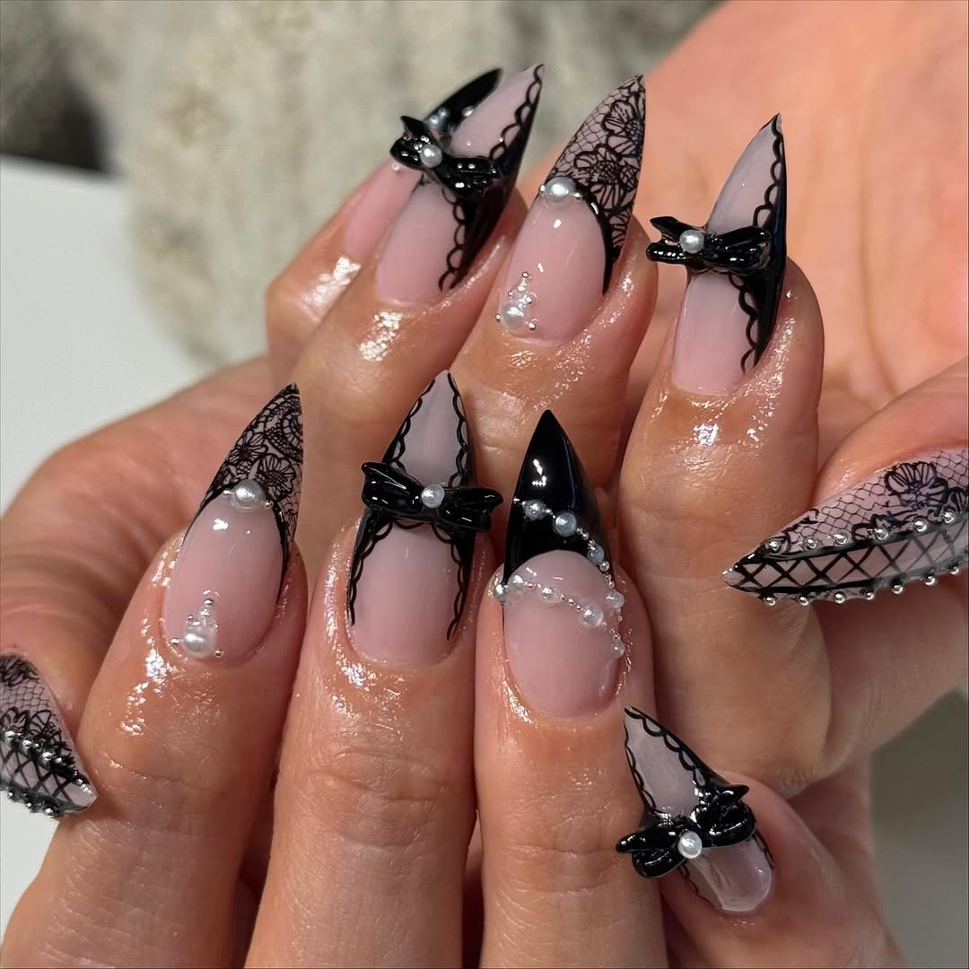 Black Lace And Bow Stilettos