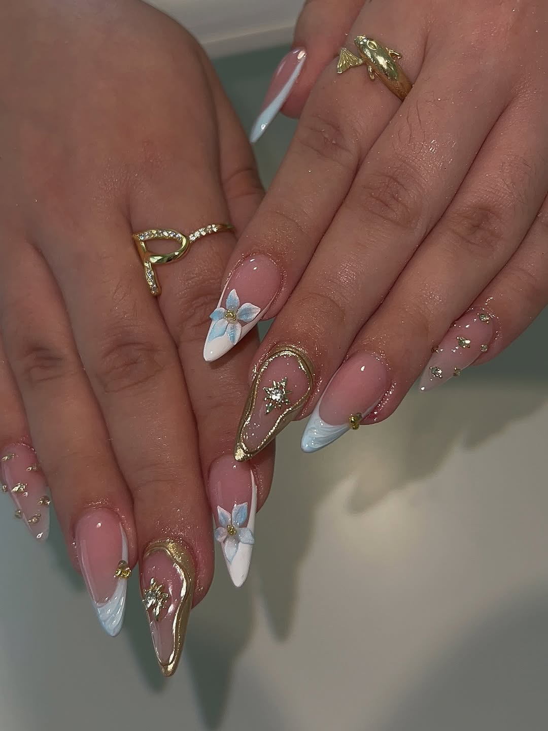 Blue Blossom and Gold Star Manicure