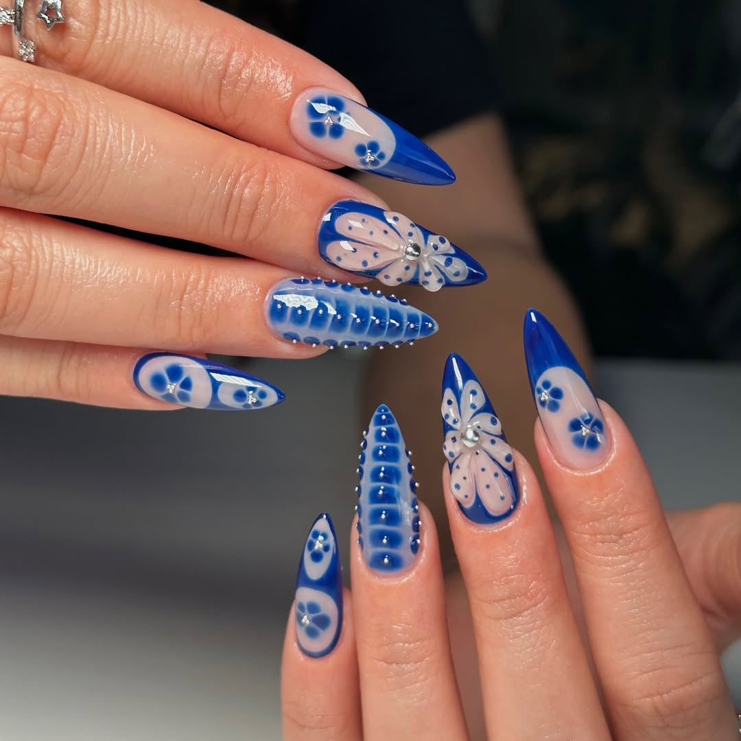 Blue Crocodile and Translucent Flower Nails