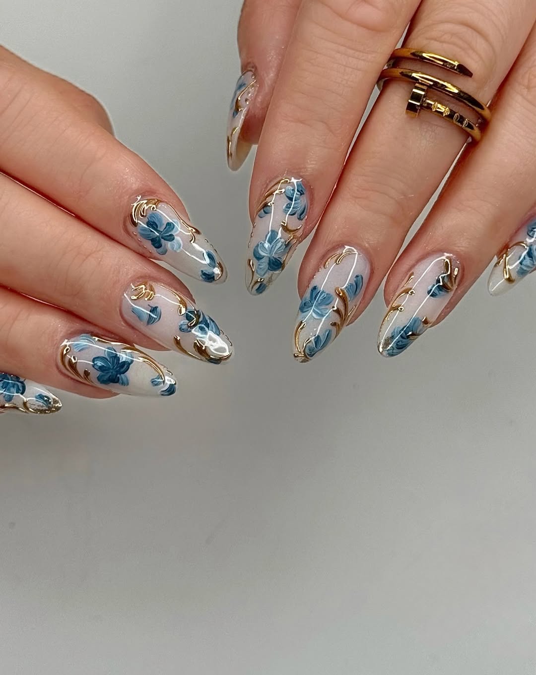 Blue Floral and Gold Vine Art