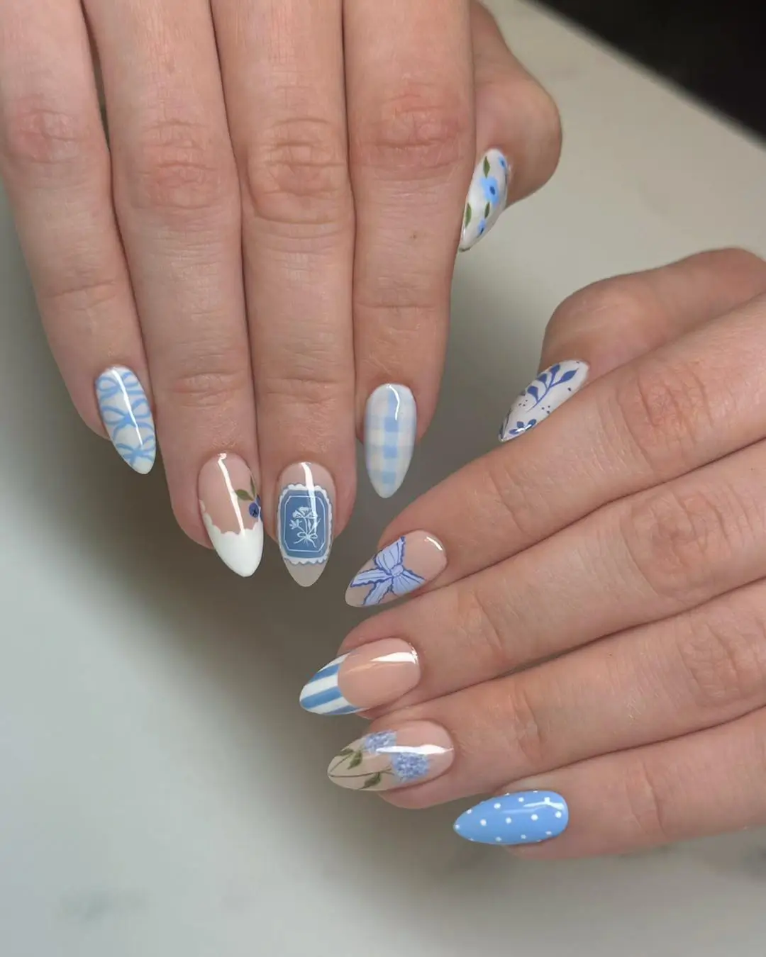 Blue Gingham And Vintage Floral Patterns