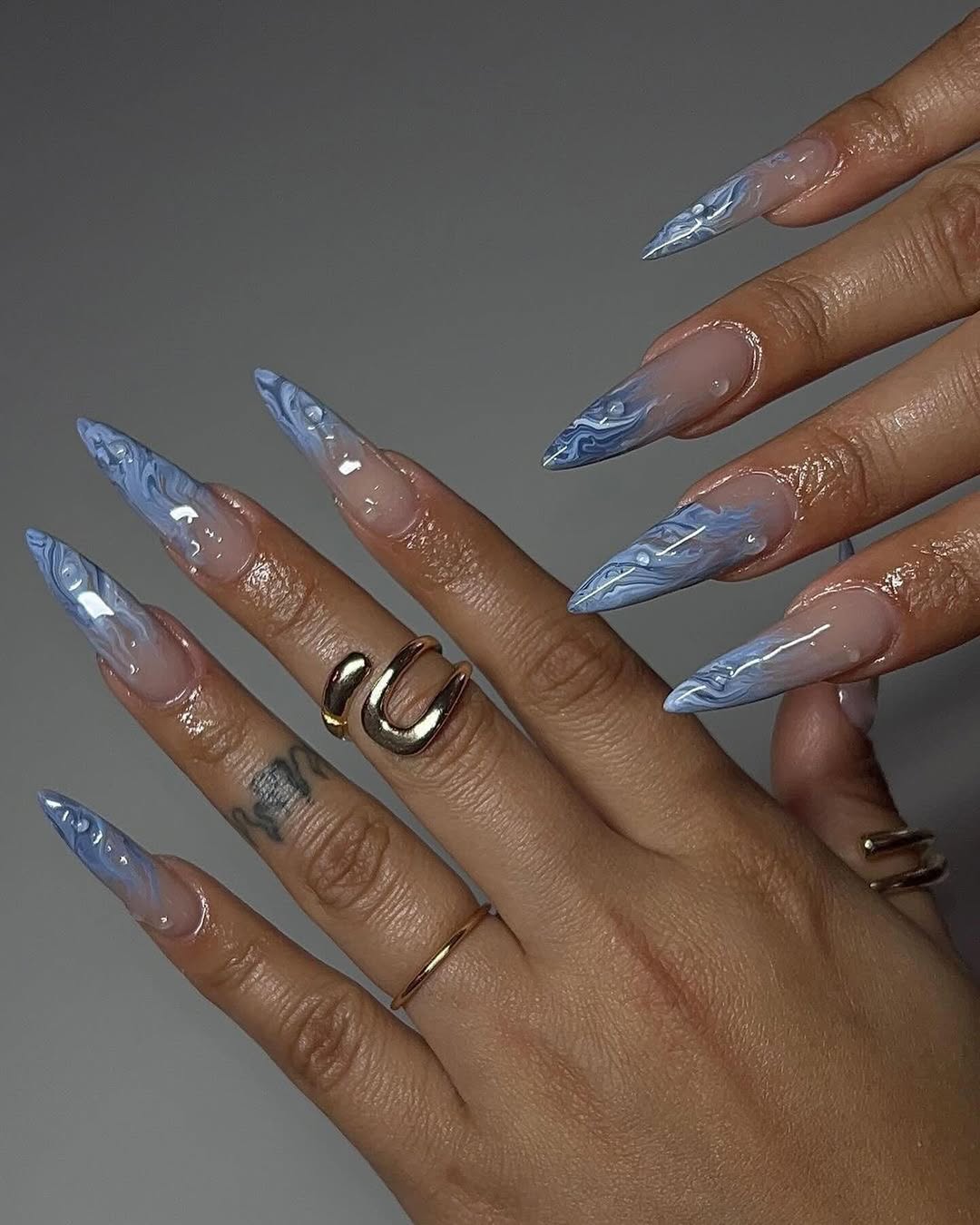 Blue Marble Stiletto Water Drop Nails