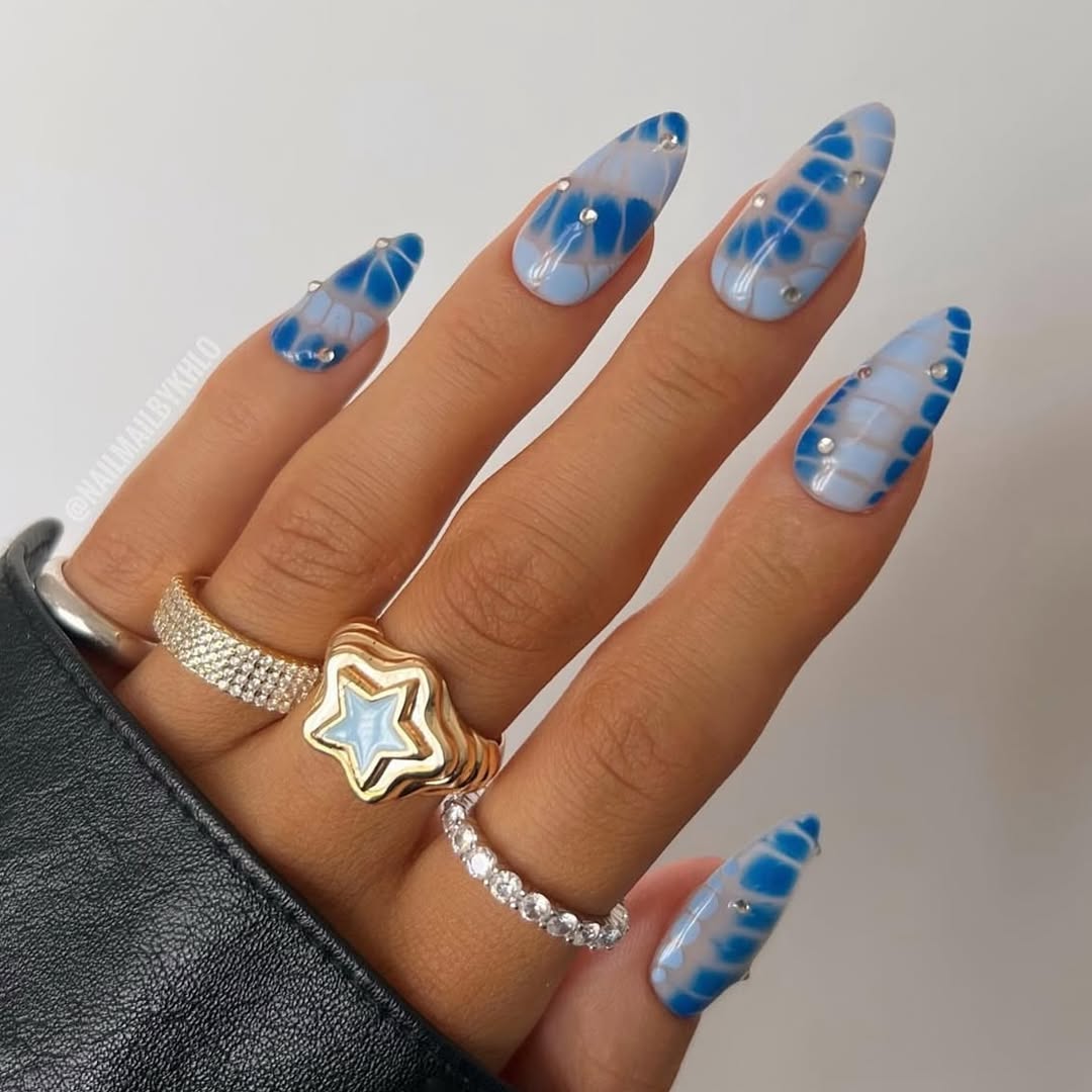 Blue Watercolor and Rhinestone Art