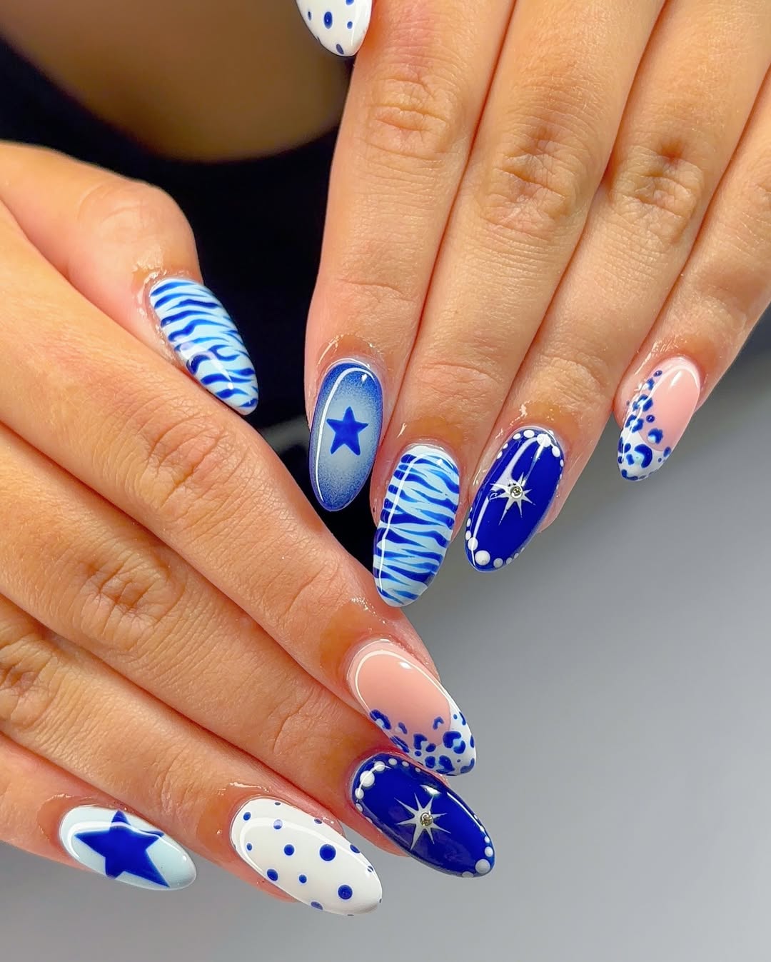 Blue Zebra and Leopard Print Nails