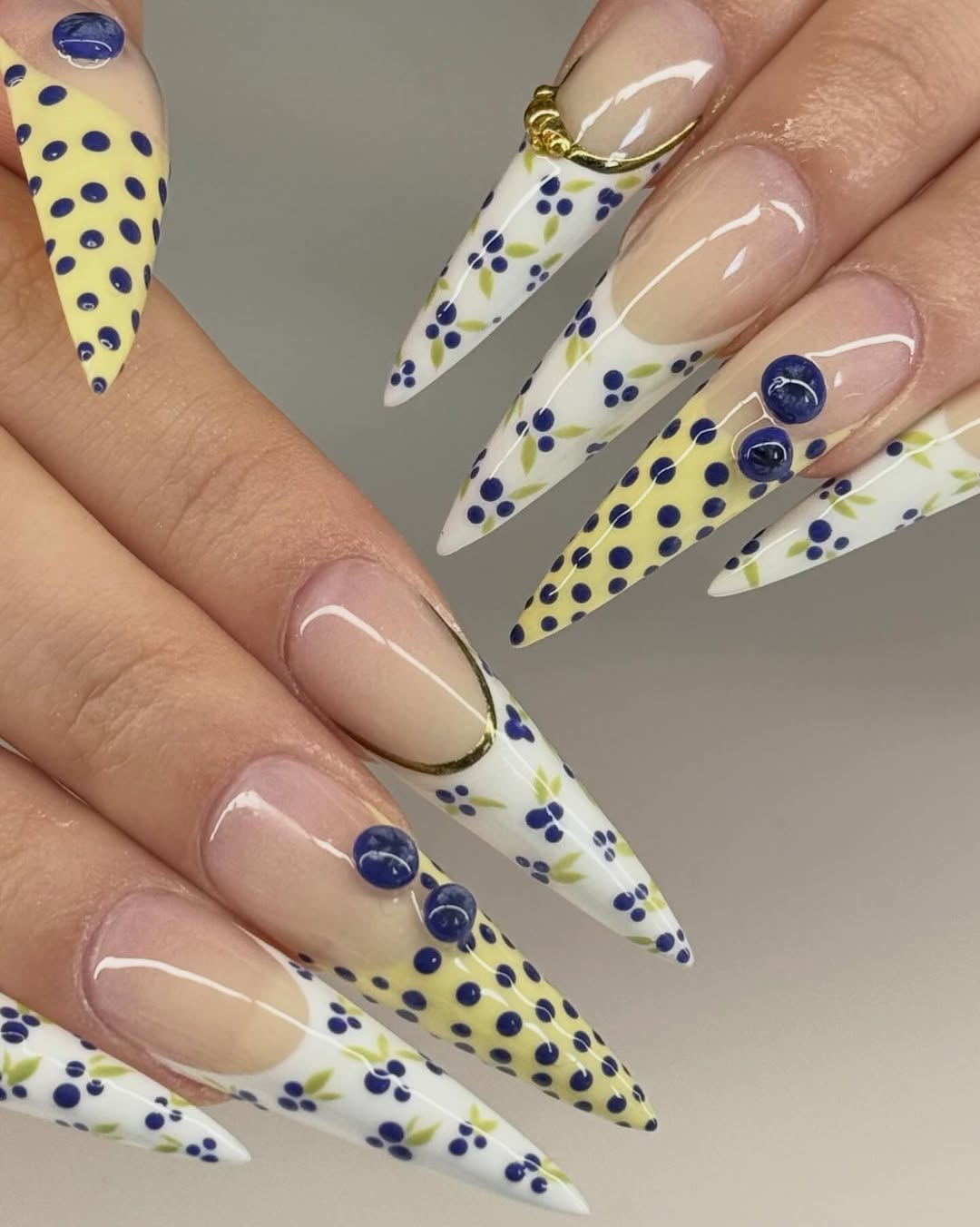 Blueberry Pattern and Yellow Polka Dot Stiletto Nails