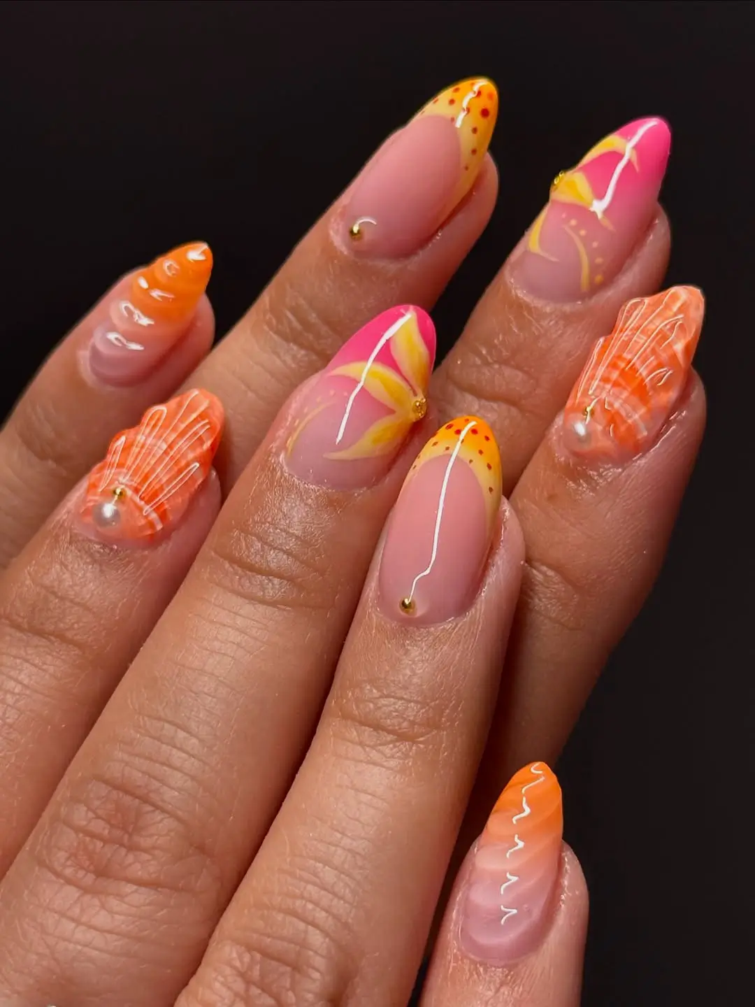 Bright Orange Seashell And Pink Floral Art