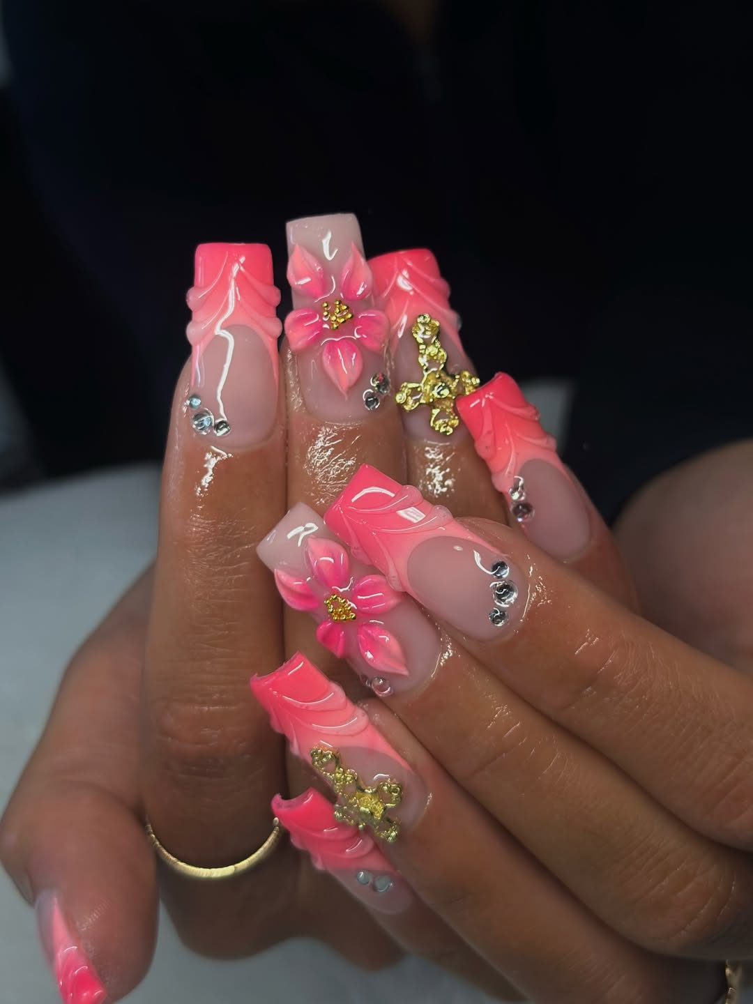 Bright Pink Textured Square Nails