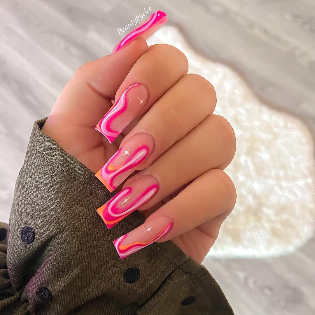 Bright Pink and Orange Swirl Square Nails