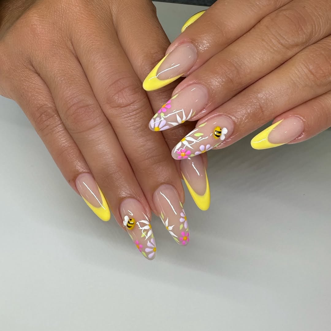Bright Yellow French with Bumblebee Accent Nails