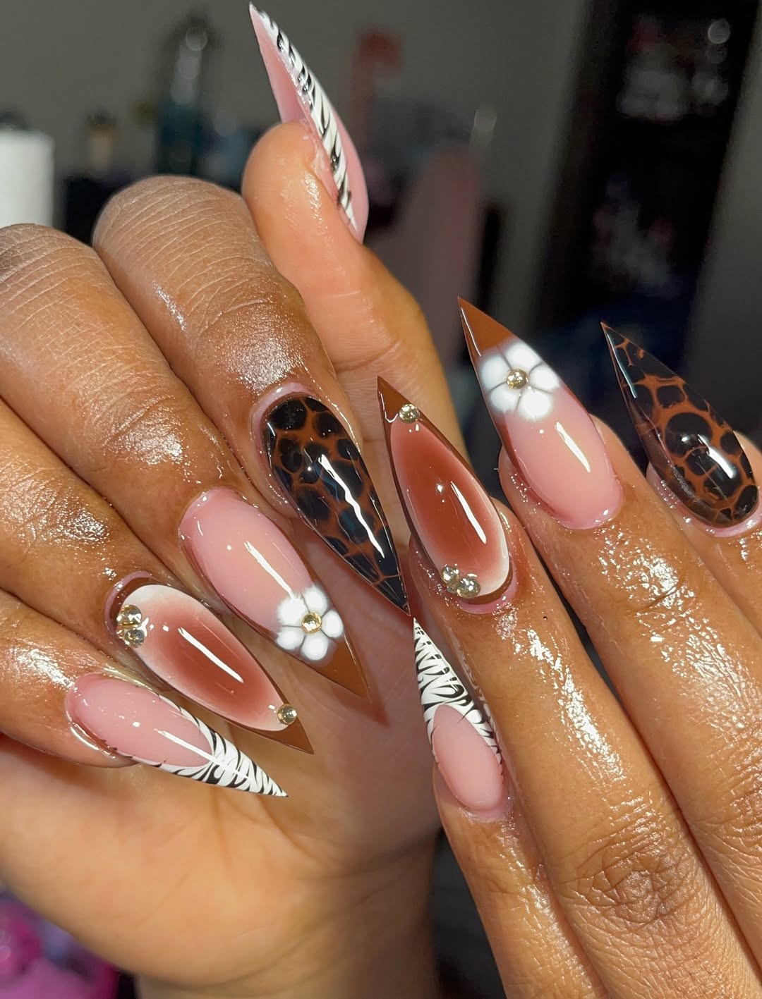 Brown Tortoiseshell And Floral Nails