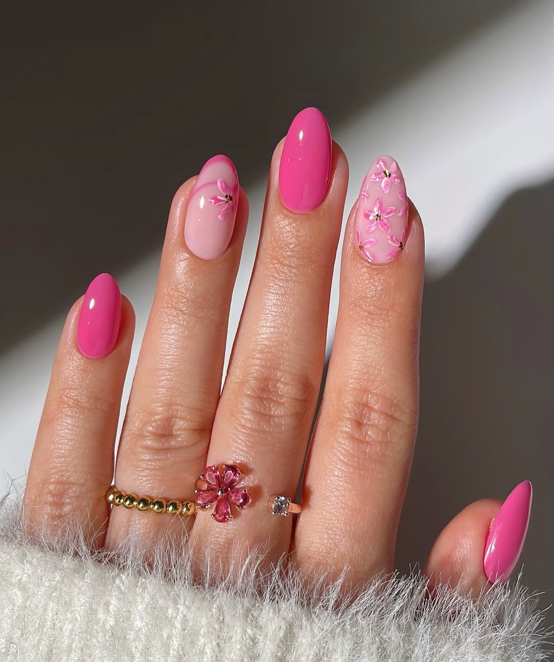 Bubblegum Pink Floral Oval Nails