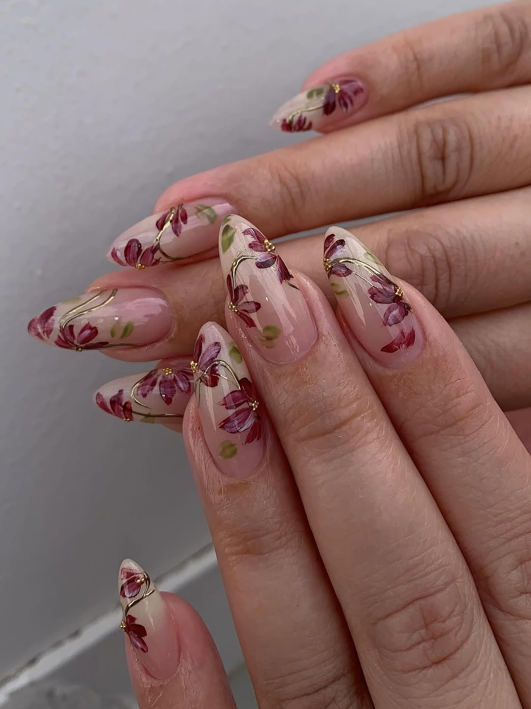 Burgundy Floral Almond Nails