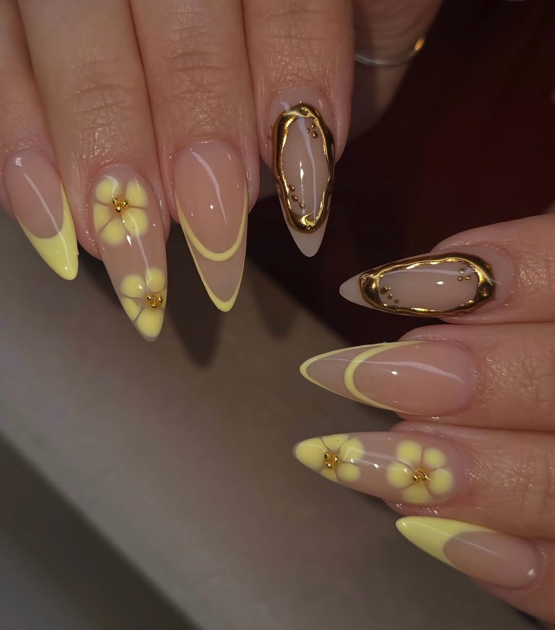 Butter Yellow Nails with Gold Outlines