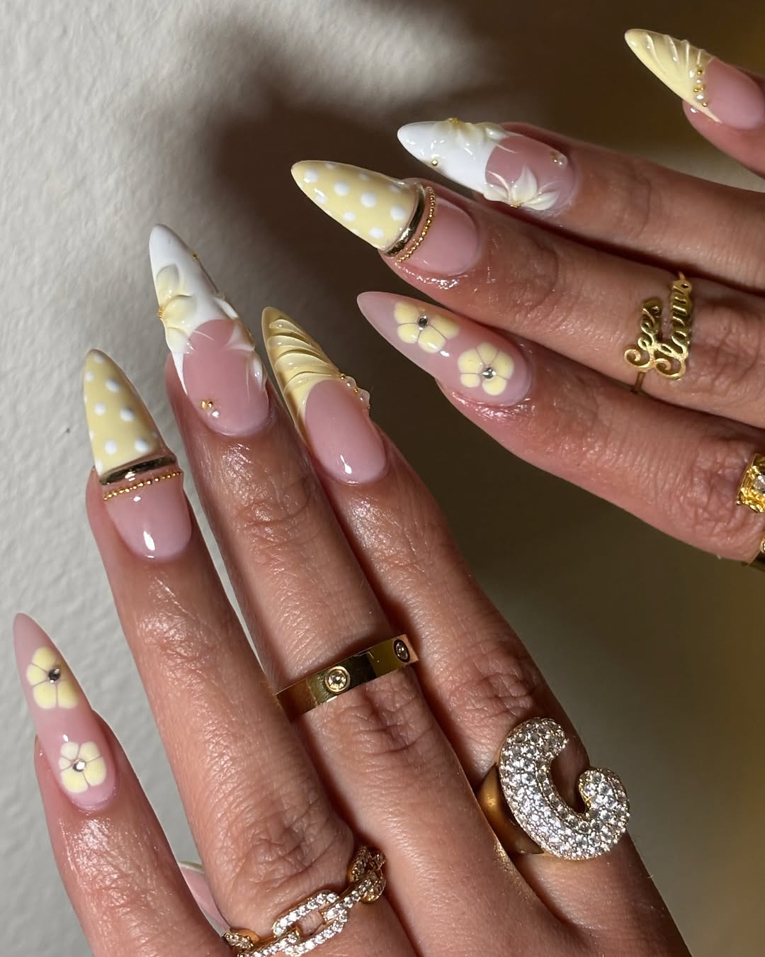 Butter Yellow Polka Dot and Floral Stiletto Nails