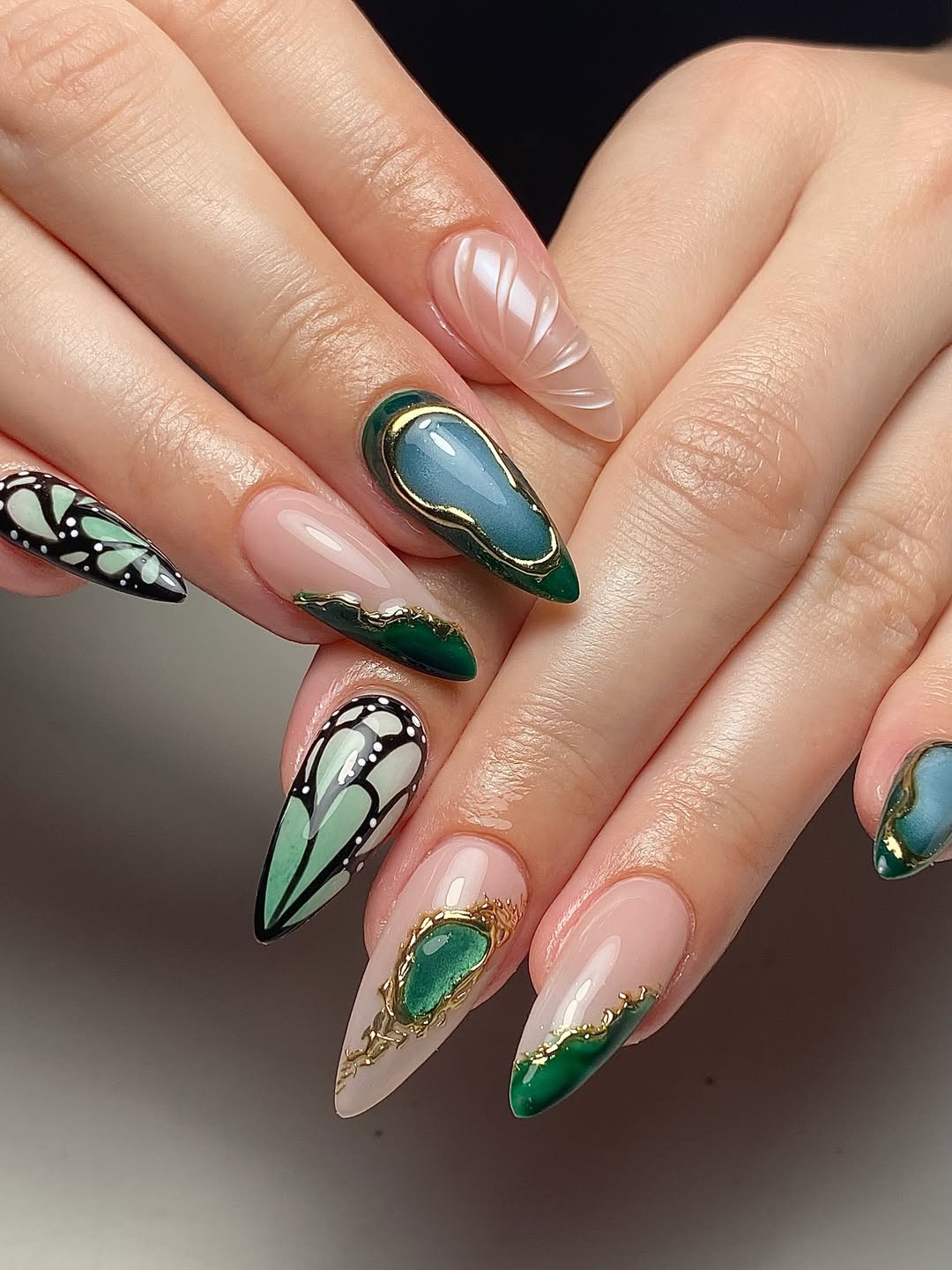Butterfly Wing and Gemstone Almond Nails