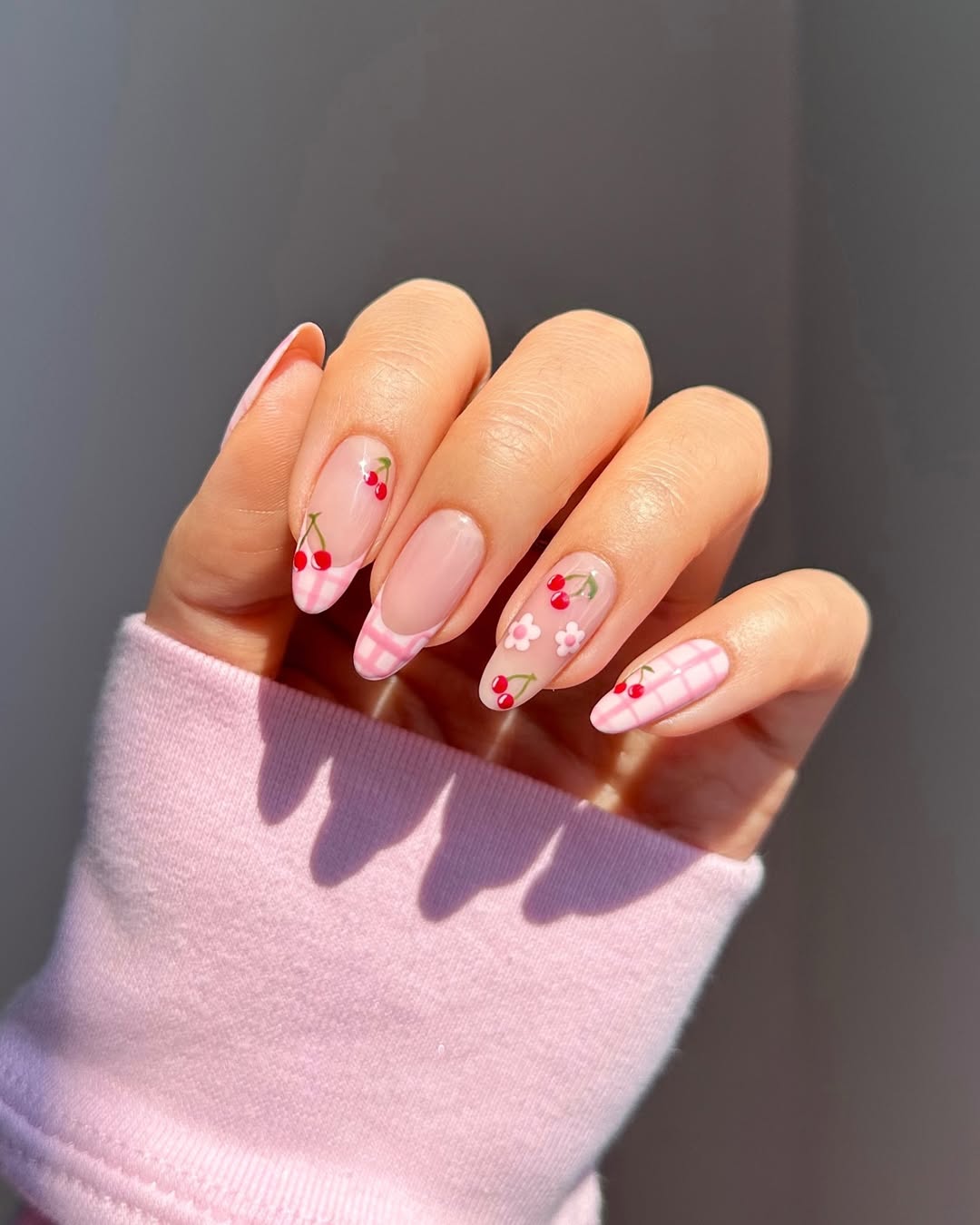 Cherry Gingham Almond Nails