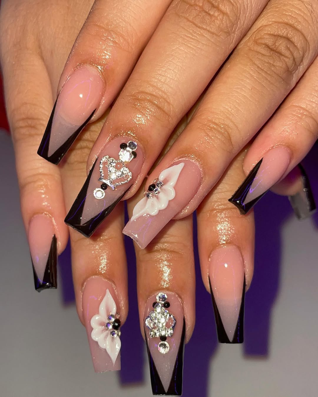 Chevron French Tips With White Flowers