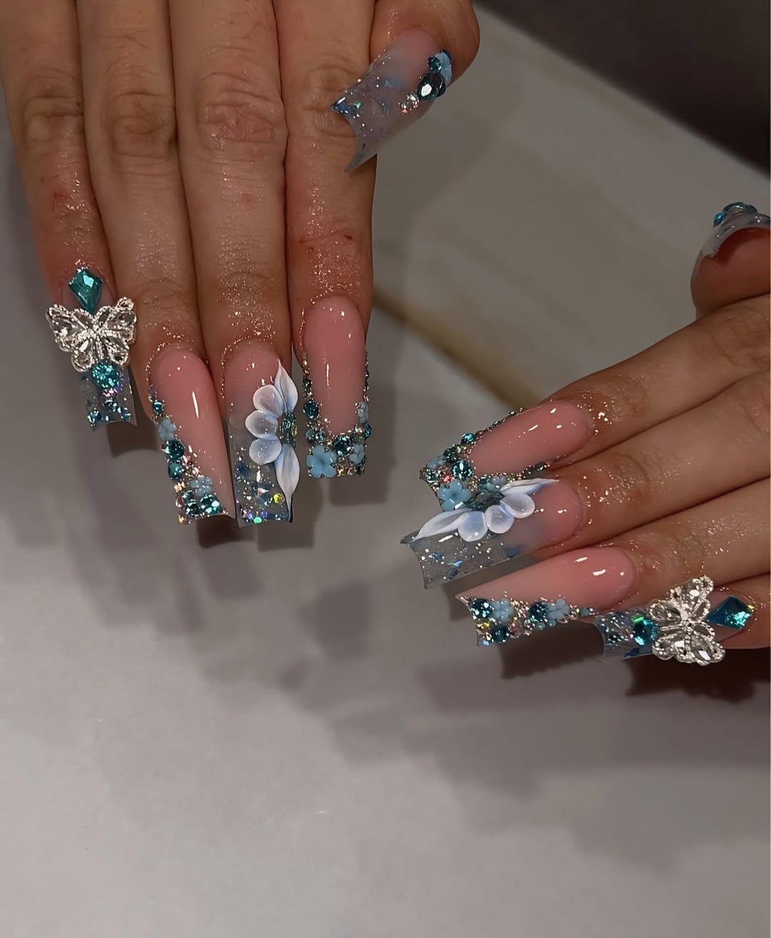 Clear Glitter Tips and Butterfly Charms