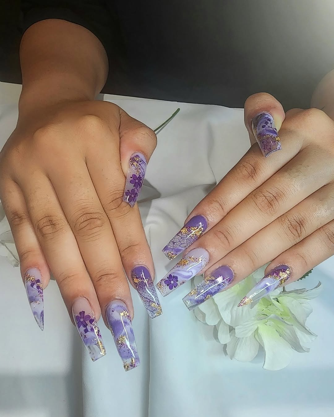 Coffin Purple Marble and Gold Foil Nails
