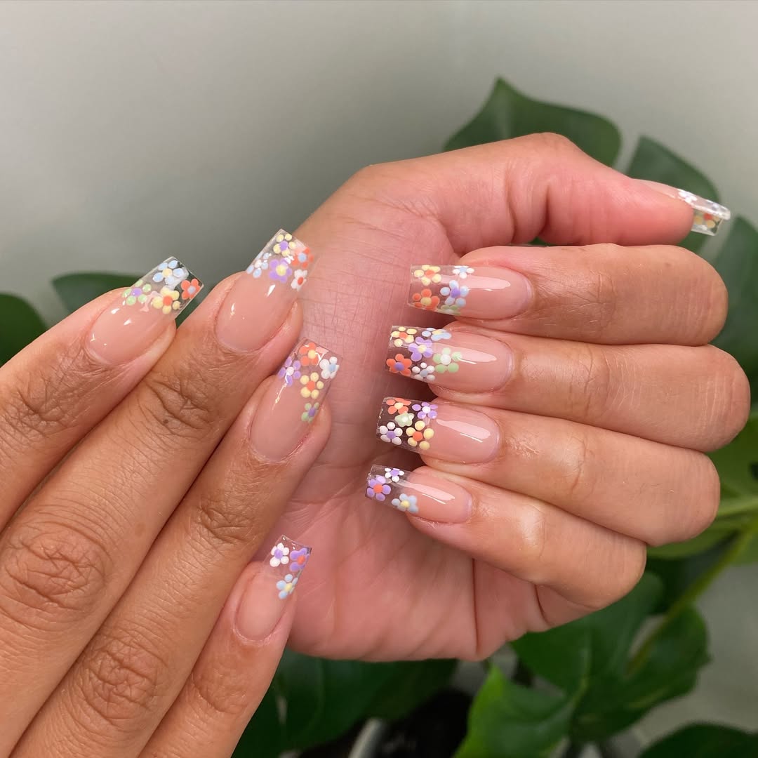 Colorful Floral Tip Square Nails
