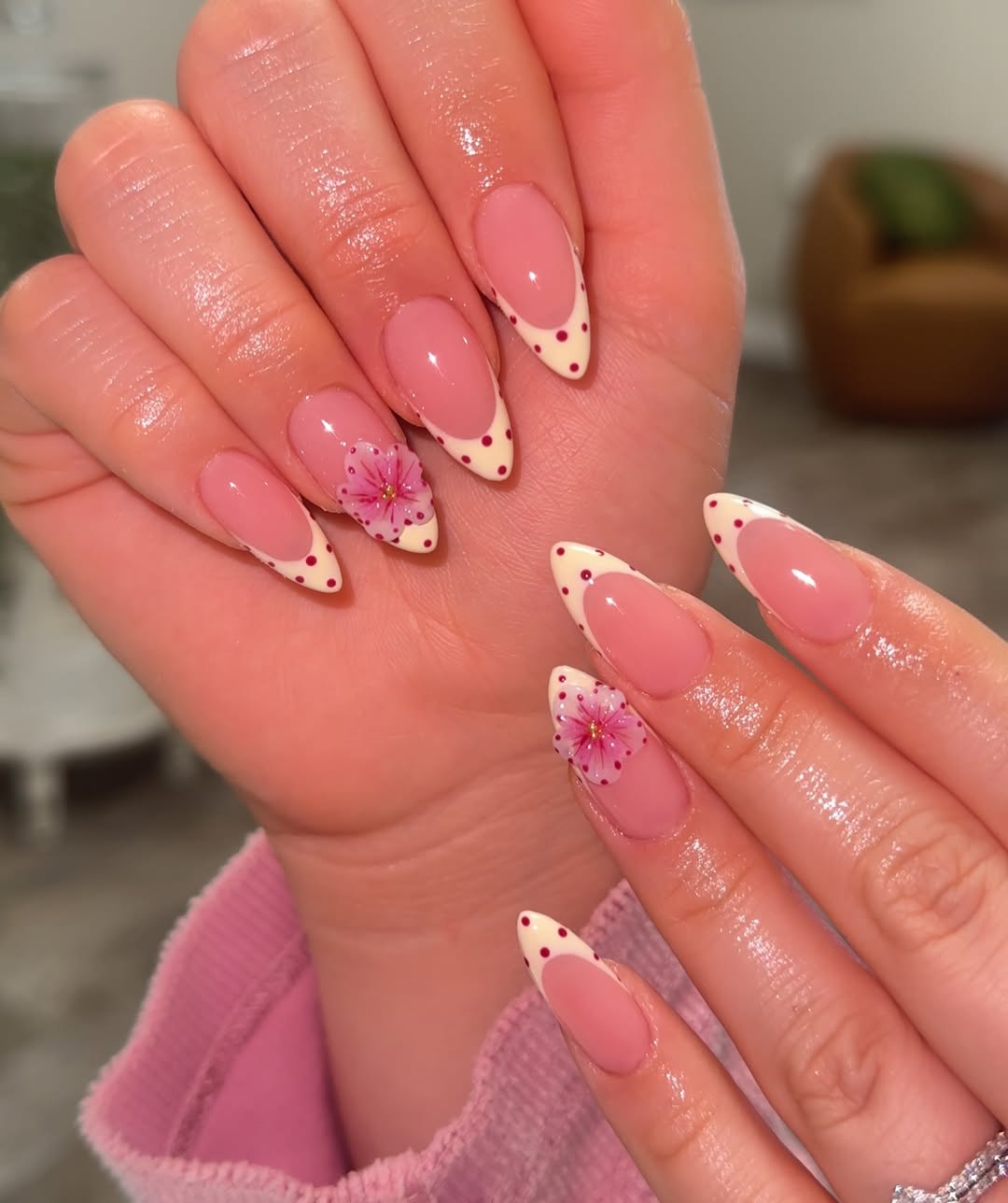 Cream Polka Dot and Pink Flower Nails