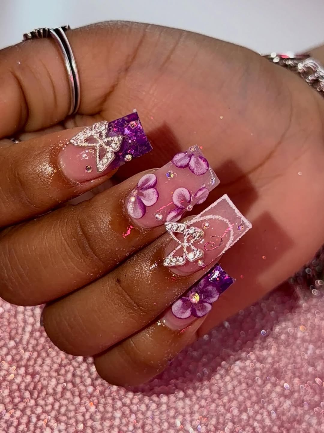 Crystal Butterfly and Purple Floral Design