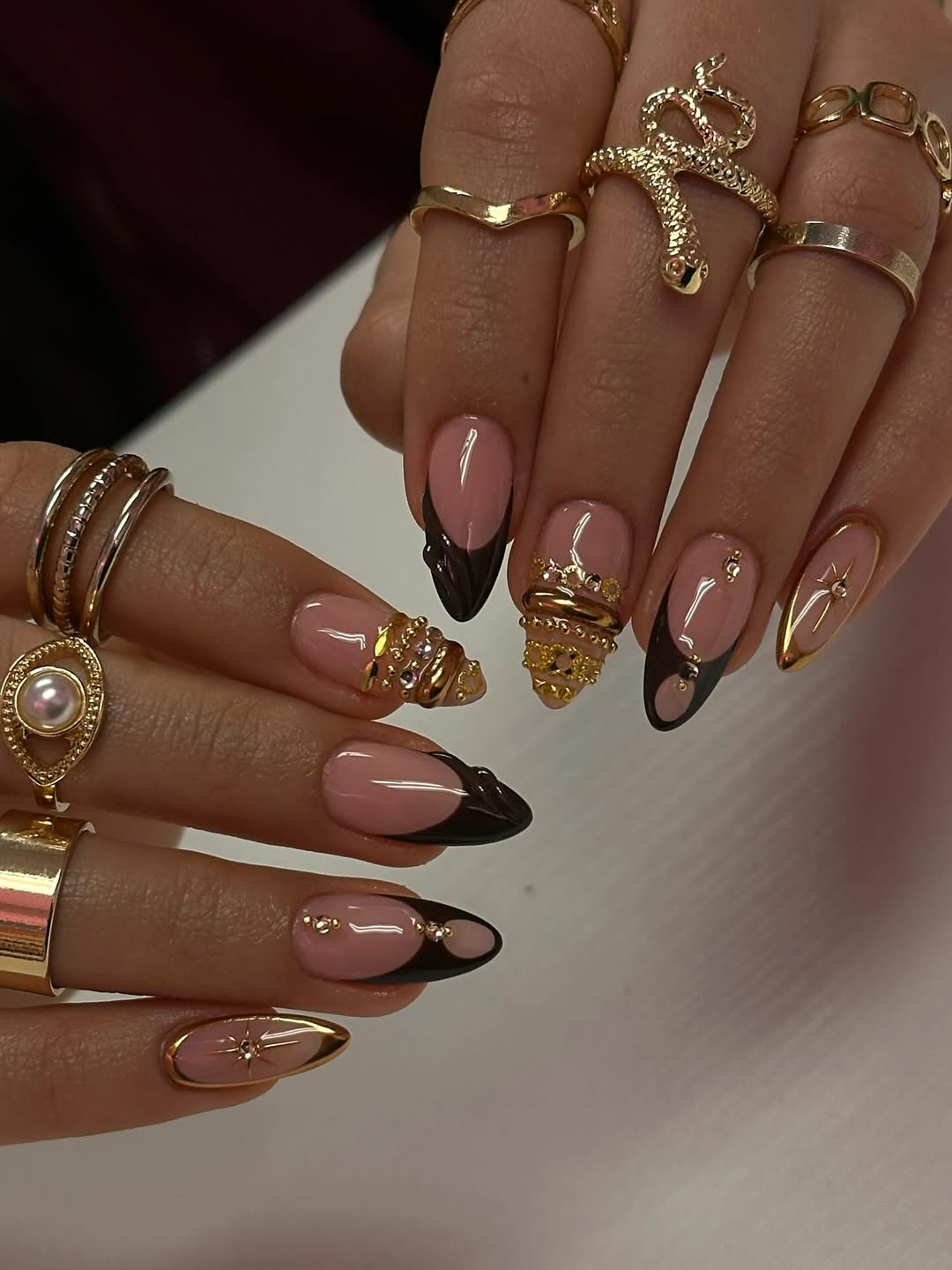 Dark French Tips and Stacked Gold Bangles