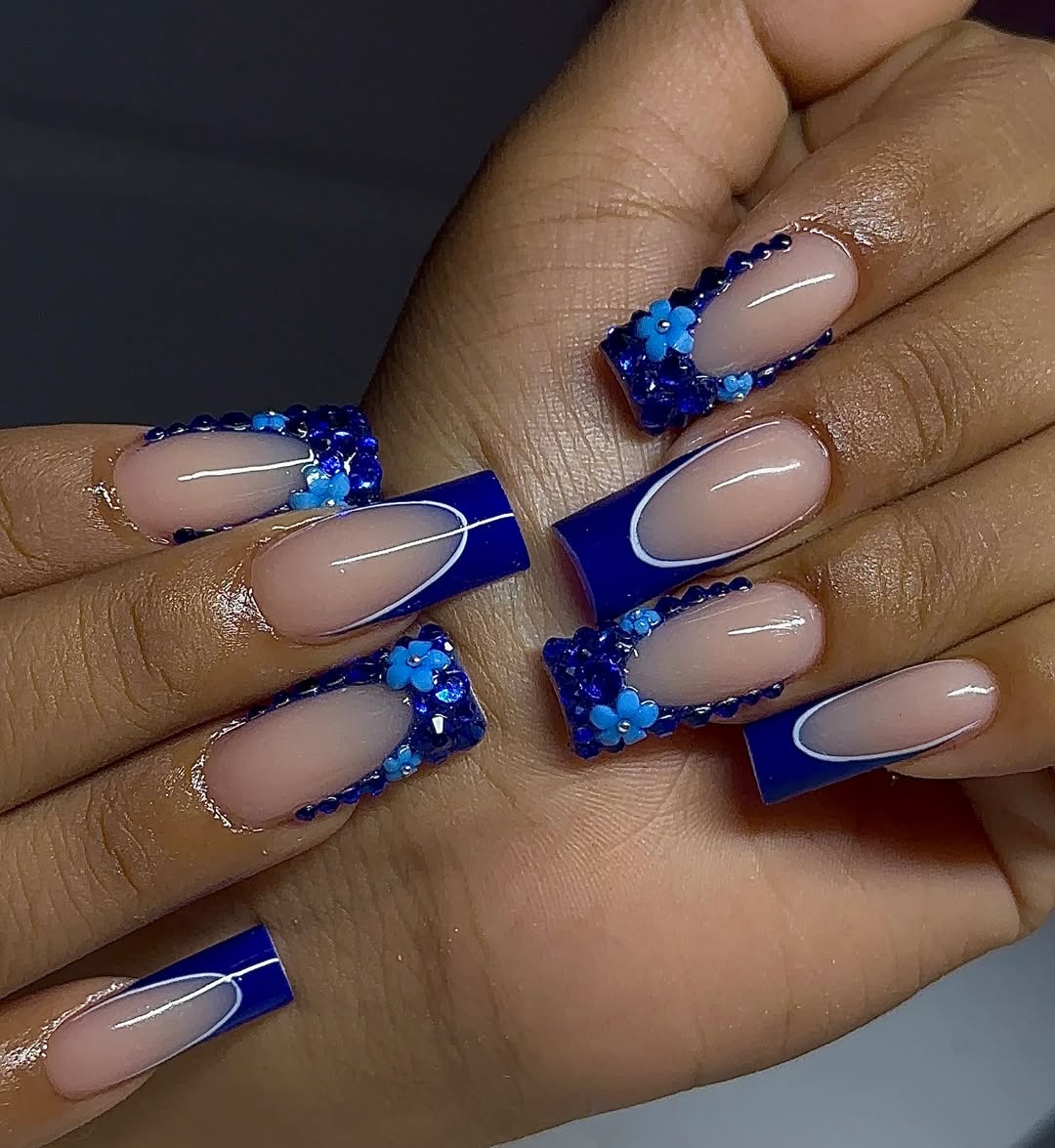 Deep Blue Rhinestone and Floral Tips
