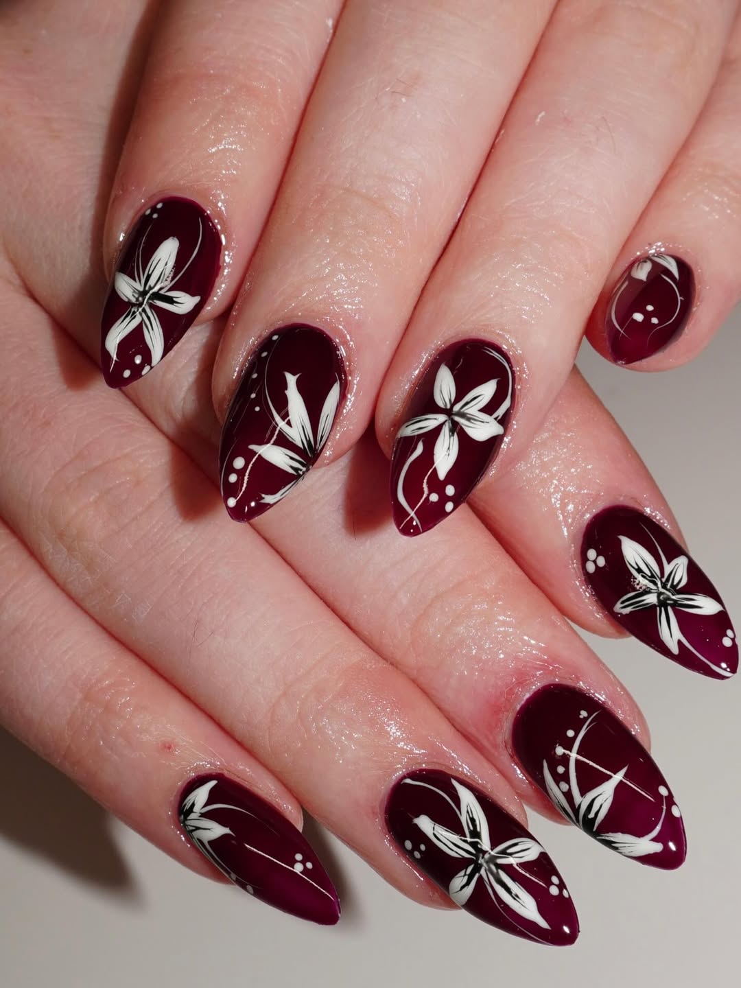 Deep Red Almond Floral Nails