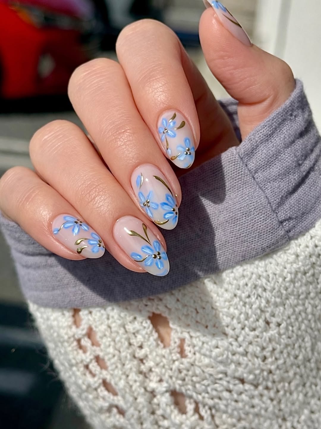 Delicate Blue Blossom Nails