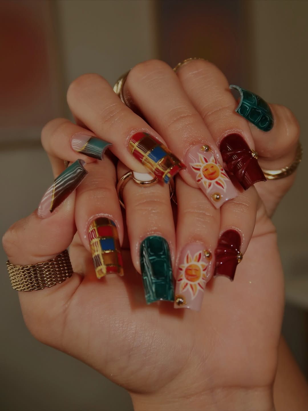 Eclectic Sun and Plaid Nails