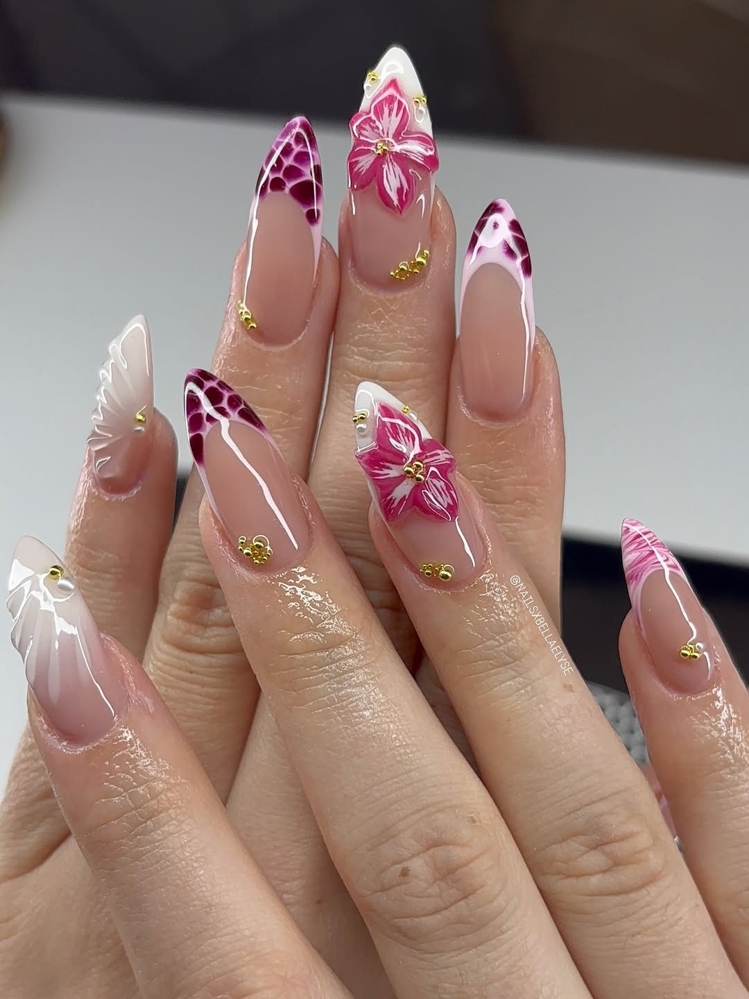 Elaborate Pink and Gold Nail Art